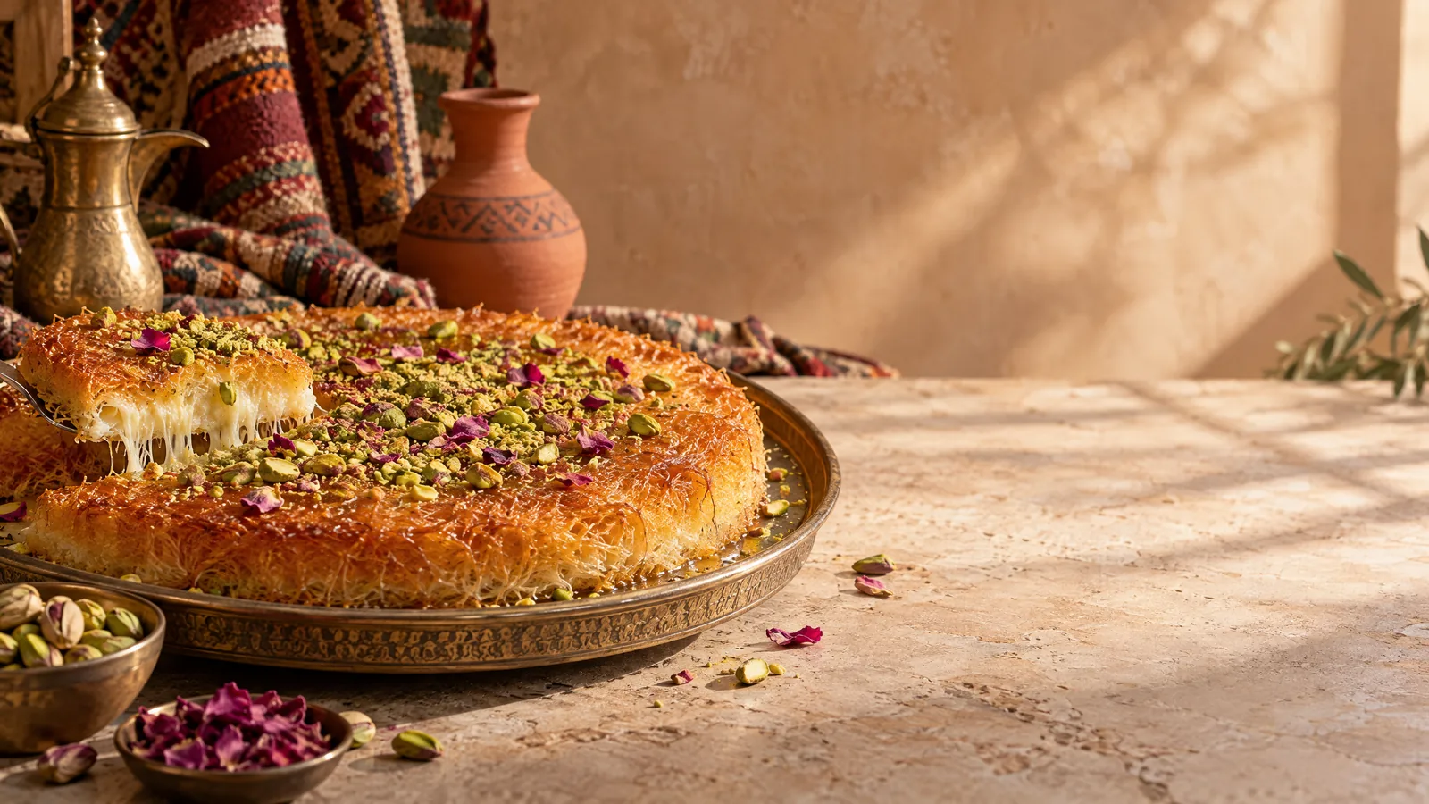 صينية كنافة ذهبية مزينة بالفستق